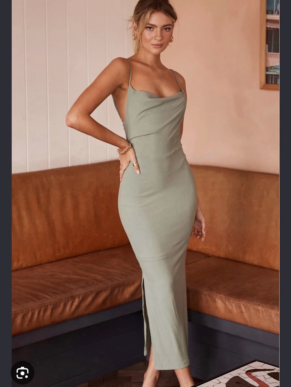 Selfie Leslie Side Split Ribbed Maxi Dress Sage